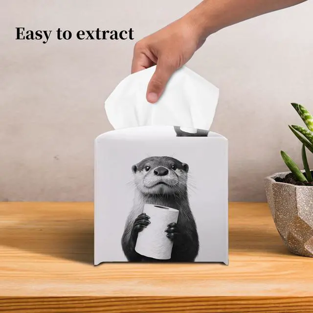 Alt view image 5 of 6 - Cute Otter Tissue Box Cover Square, Toilet Paper Cube Case for Facial Tissues, 5.2" PU Leather(072)