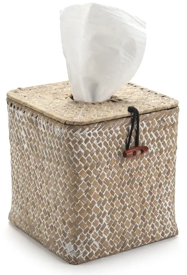 Main image of Seagrass Square Tissue Box Cover Woven Napkin Holder Decorative for Bathroom Farmhouse (Whitewash, 5.5 x 5.5 x 5.5 Inch)