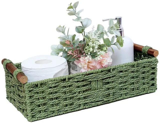 Main image of Round Paper Rope Storage Basket Wicker Baskets for Organizing with Handle Decorative Storage Bins for Countertop Toilet Paper Basket for Toilet Tank Top Small Baskets , Green