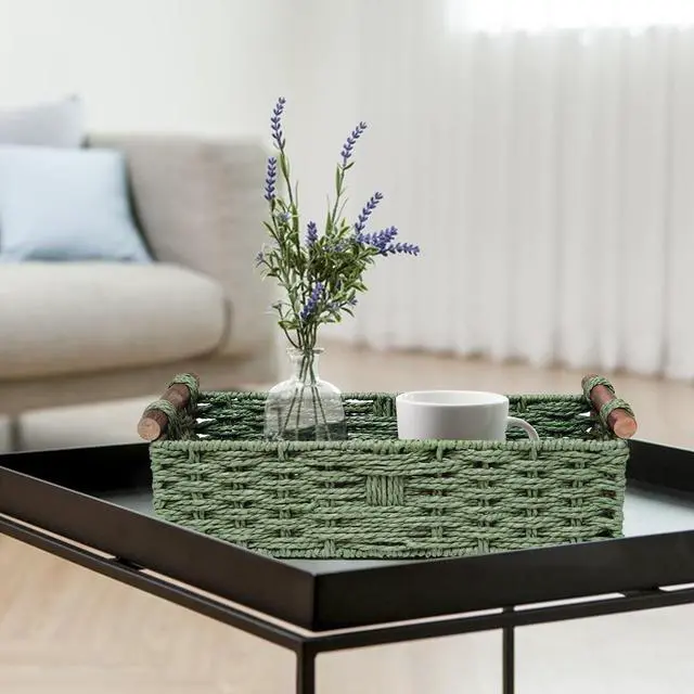 Alt view image 2 of 7 - Round Paper Rope Storage Basket Wicker Baskets for Organizing with Handle Decorative Storage Bins for Countertop Toilet Paper Basket for Toilet Tank Top Small Baskets , Green