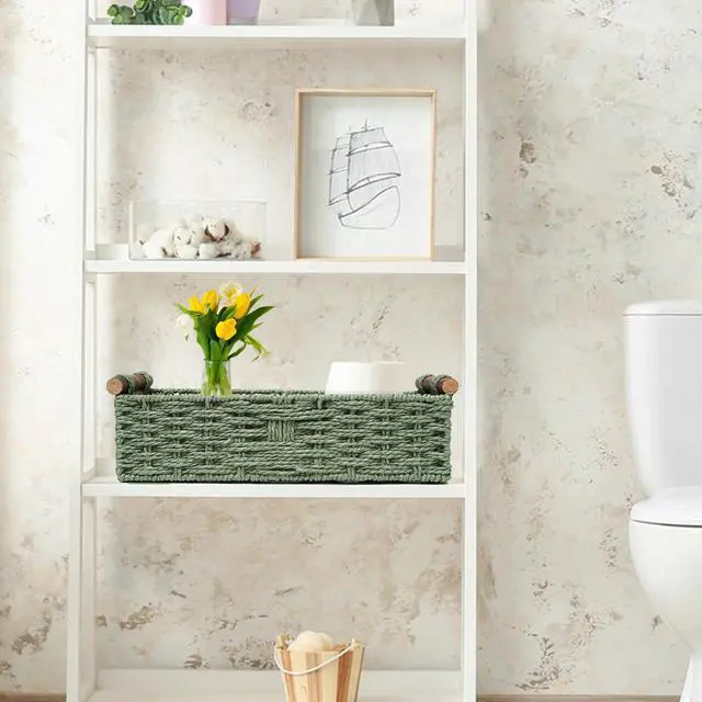 Alt view image 4 of 7 - Round Paper Rope Storage Basket Wicker Baskets for Organizing with Handle Decorative Storage Bins for Countertop Toilet Paper Basket for Toilet Tank Top Small Baskets , Green