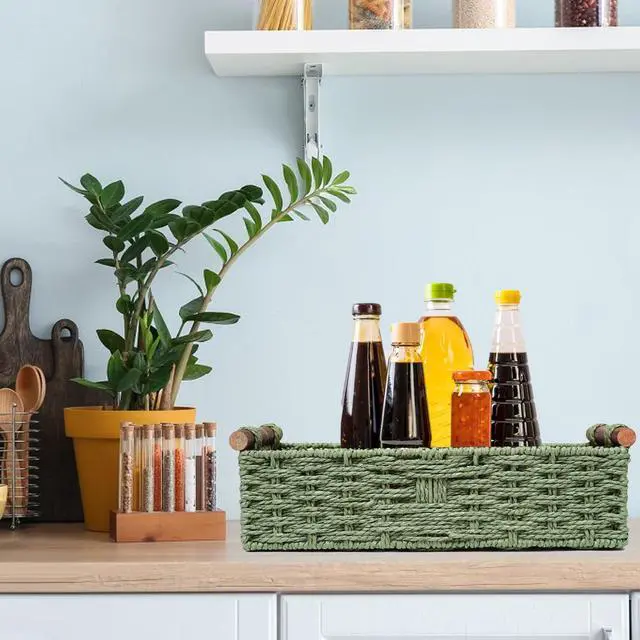Alt view image 6 of 7 - Round Paper Rope Storage Basket Wicker Baskets for Organizing with Handle Decorative Storage Bins for Countertop Toilet Paper Basket for Toilet Tank Top Small Baskets , Green