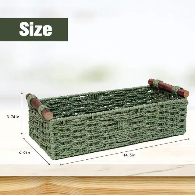 Alt view image 7 of 7 - Round Paper Rope Storage Basket Wicker Baskets for Organizing with Handle Decorative Storage Bins for Countertop Toilet Paper Basket for Toilet Tank Top Small Baskets , Green