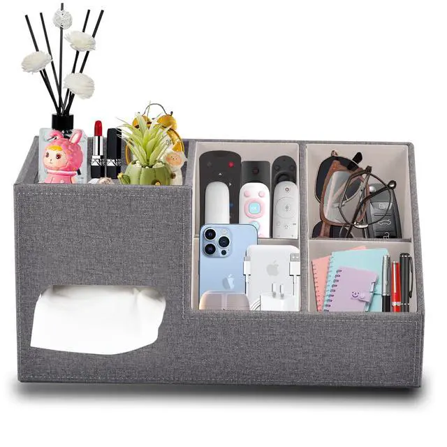 Main image of Plus Size Tissue Box Cover-Square Linen Tissue Cover with Side Storage and Tray,Modern Makeup Organizer,Leather Tissue Holder Decorative Cube Organizer for Living Room Vanity NightStand Office,Grey