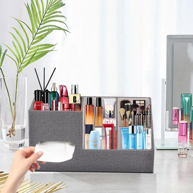 Alt view image 2 of 7 - Plus Size Tissue Box Cover-Square Linen Tissue Cover with Side Storage and Tray,Modern Makeup Organizer,Leather Tissue Holder Decorative Cube Organizer for Living Room Vanity NightStand Office,Grey