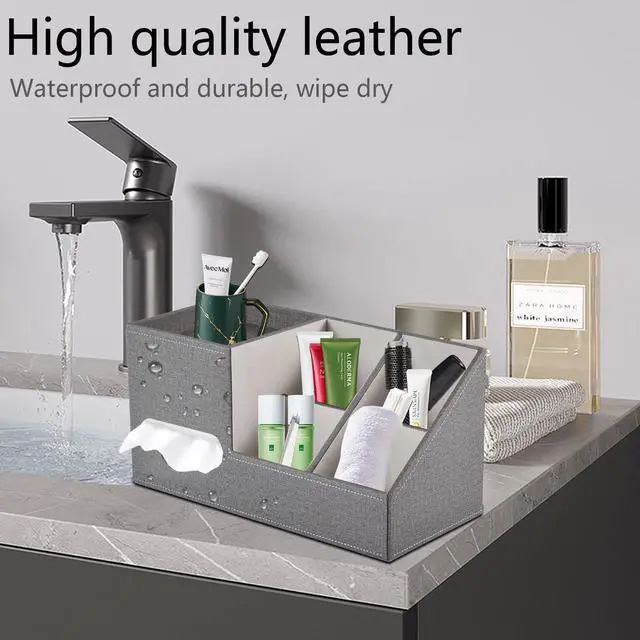 Alt view image 7 of 7 - Plus Size Tissue Box Cover-Square Linen Tissue Cover with Side Storage and Tray,Modern Makeup Organizer,Leather Tissue Holder Decorative Cube Organizer for Living Room Vanity NightStand Office,Grey