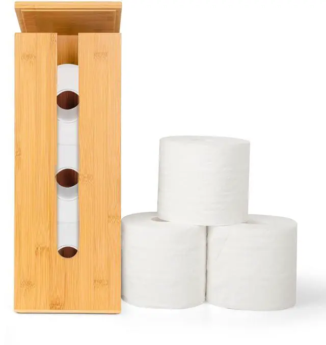 Main image of Bamboo Toilet Paper Storage - Fits 3 Mega Toilet Paper, Bathroom Organizer, Toilet Paper Holder Stand, Bamboo Bathroom Accessories - Natural, 5.9 x 5.9 x 16.1 inches