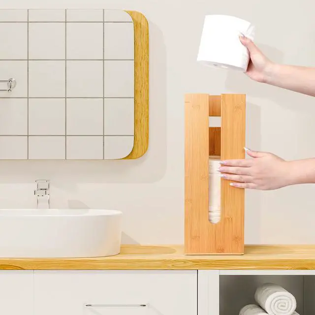 Alt view image 3 of 7 - Bamboo Toilet Paper Storage - Fits 3 Mega Toilet Paper, Bathroom Organizer, Toilet Paper Holder Stand, Bamboo Bathroom Accessories - Natural, 5.9 x 5.9 x 16.1 inches