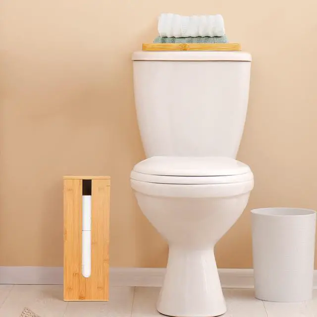 Alt view image 6 of 7 - Bamboo Toilet Paper Storage - Fits 3 Mega Toilet Paper, Bathroom Organizer, Toilet Paper Holder Stand, Bamboo Bathroom Accessories - Natural, 5.9 x 5.9 x 16.1 inches