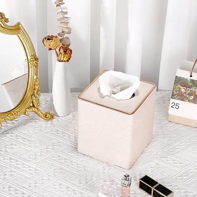 Alt view image 2 of 7 - Square Linen Tissue Box Cover - Stylish Cube Tissue Box Holder with Magnetic Bottom, Decorative Tissue Box for Vanity Toilet Tank Dresser Night Stand Table Countertop Office Car, Beige