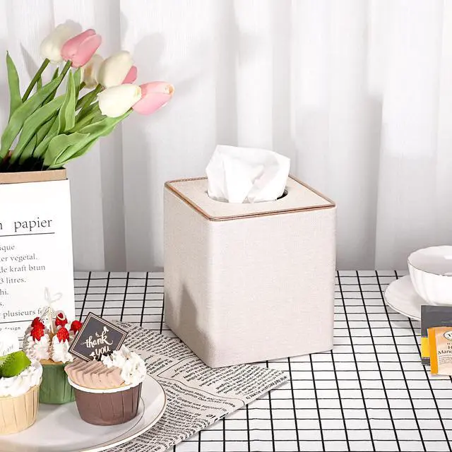 Alt view image 3 of 7 - Square Linen Tissue Box Cover - Stylish Cube Tissue Box Holder with Magnetic Bottom, Decorative Tissue Box for Vanity Toilet Tank Dresser Night Stand Table Countertop Office Car, Beige