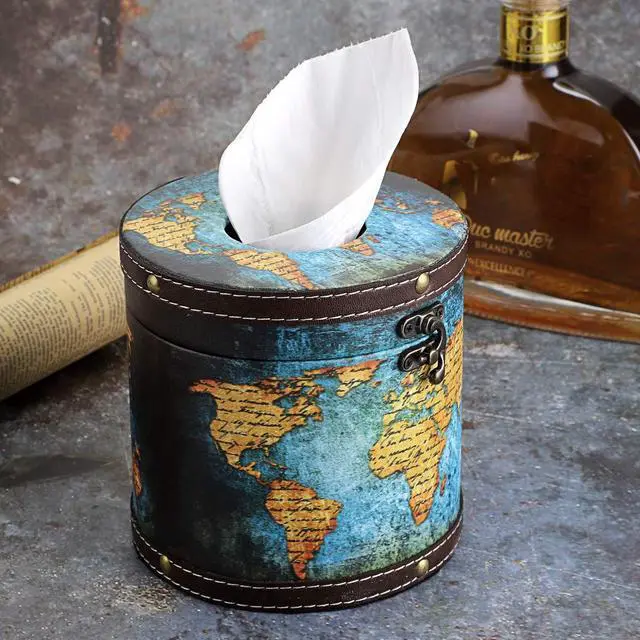 Alt view image 2 of 7 - Round Tissue Box Cover Retro Wooden Tissue Holder with Lid, Round Wood Toilet Paper Cover Decorative Tissue Box Holder for Bathroom Toilet Living Room Table Desk Office, Green Map