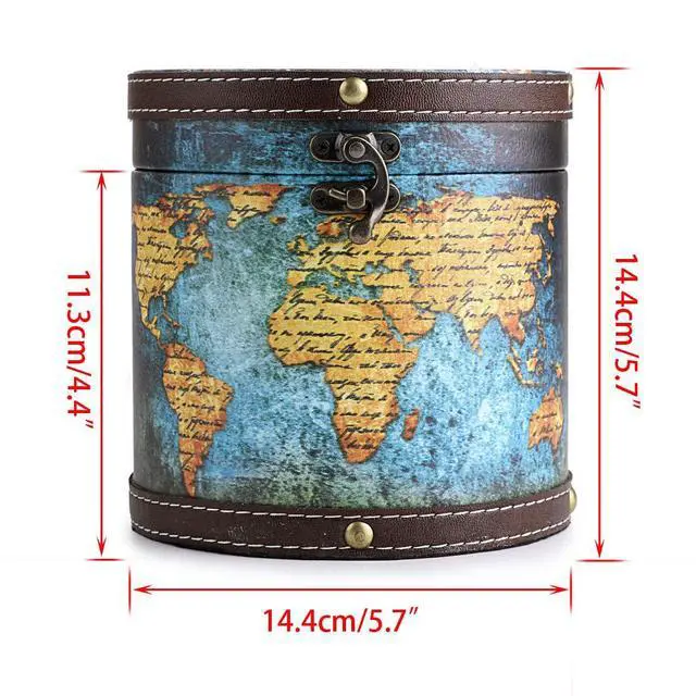 Alt view image 3 of 7 - Round Tissue Box Cover Retro Wooden Tissue Holder with Lid, Round Wood Toilet Paper Cover Decorative Tissue Box Holder for Bathroom Toilet Living Room Table Desk Office, Green Map