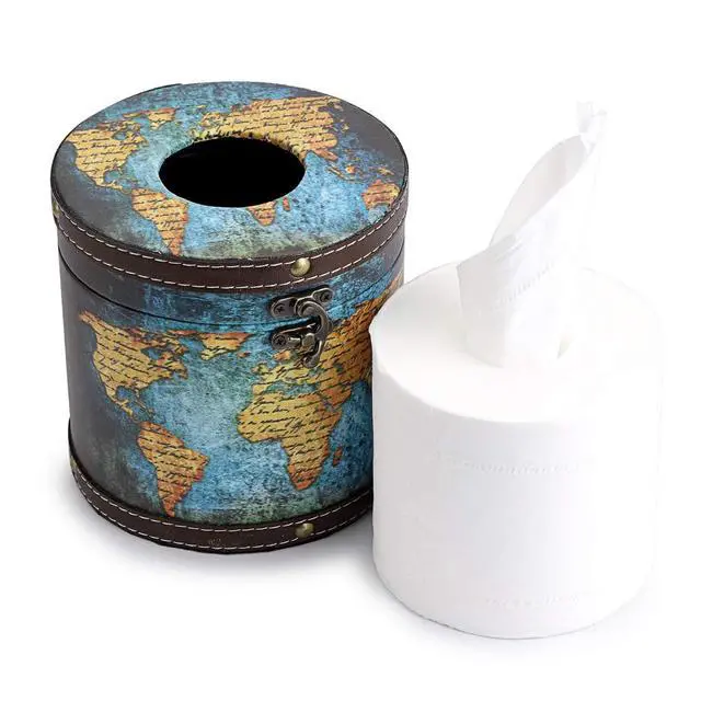 Alt view image 4 of 7 - Round Tissue Box Cover Retro Wooden Tissue Holder with Lid, Round Wood Toilet Paper Cover Decorative Tissue Box Holder for Bathroom Toilet Living Room Table Desk Office, Green Map