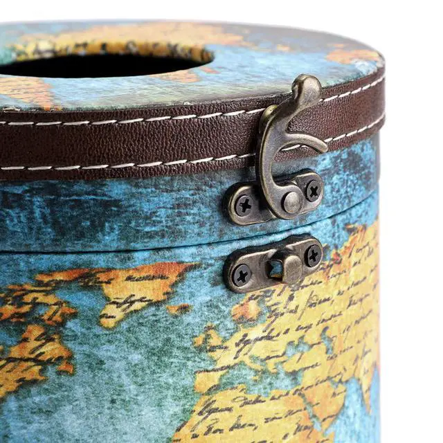 Alt view image 6 of 7 - Round Tissue Box Cover Retro Wooden Tissue Holder with Lid, Round Wood Toilet Paper Cover Decorative Tissue Box Holder for Bathroom Toilet Living Room Table Desk Office, Green Map