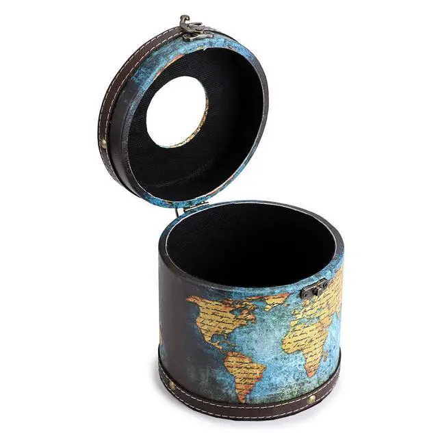 Alt view image 5 of 7 - Round Tissue Box Cover Retro Wooden Tissue Holder with Lid, Round Wood Toilet Paper Cover Decorative Tissue Box Holder for Bathroom Toilet Living Room Table Desk Office, Green Map