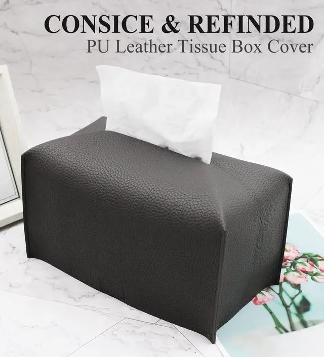 Alt view image 2 of 7 - Tissue Box Cover, Rectangular Modern Decorative PU Leather Tissue Box Case Organizer Holder for Vanity Countertop, Night Stands, Livingroom, Office Desk & Car 9.5X5X5'' | Dark Gray