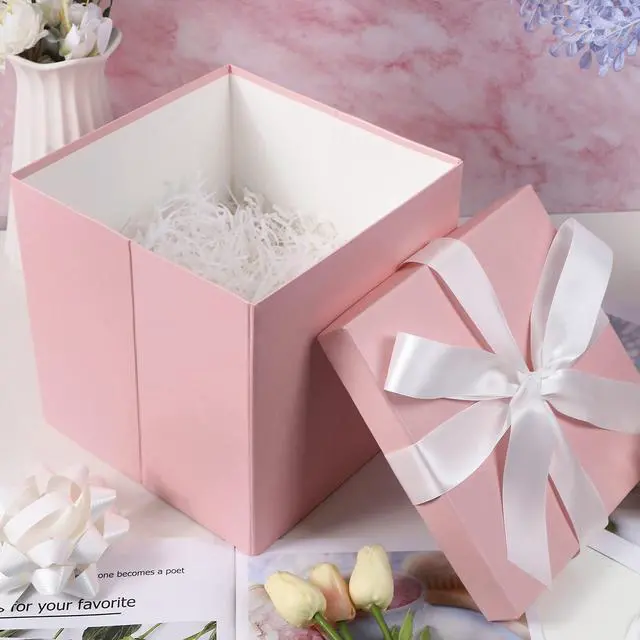 Alt view image 3 of 6 - Medium Birthday Gift Box with Lids, Ribbon and Tissue Paper, Collapsible Gift Box - 1 Pcs, 10x10x10 Inches, Pink