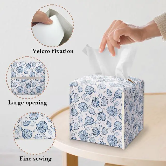 Alt view image 3 of 5 - Watercolor Blue Flowers Tissue Box Cover Square, Leather Tissue Box Holder with Bottom Belt, Stylish Home Decoration for Bathroom Vanity Countertop, Nightstands, Dining Table, Office, Car -17