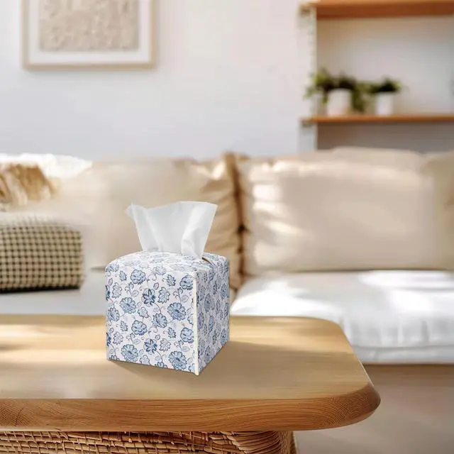 Alt view image 4 of 5 - Watercolor Blue Flowers Tissue Box Cover Square, Leather Tissue Box Holder with Bottom Belt, Stylish Home Decoration for Bathroom Vanity Countertop, Nightstands, Dining Table, Office, Car -17