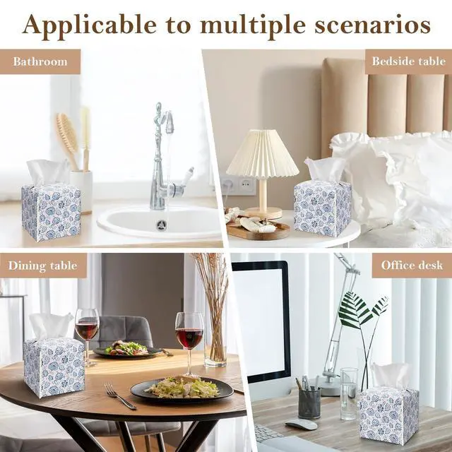 Alt view image 5 of 5 - Watercolor Blue Flowers Tissue Box Cover Square, Leather Tissue Box Holder with Bottom Belt, Stylish Home Decoration for Bathroom Vanity Countertop, Nightstands, Dining Table, Office, Car -17