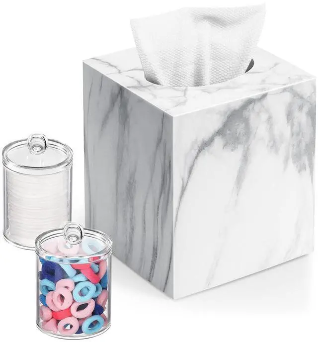Main image of Tissue Box Cover, Square Facial Acrylic Tissue Holder with 2 Pack Clear Qtip Holder Dispenser, Bathroom Vanity Dresser Night Stand Essentials Accessories Decor, Modern Farmhouse Decor, Marble