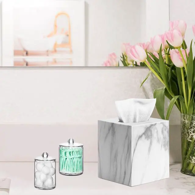 Alt view image 6 of 7 - Tissue Box Cover, Square Facial Acrylic Tissue Holder with 2 Pack Clear Qtip Holder Dispenser, Bathroom Vanity Dresser Night Stand Essentials Accessories Decor, Modern Farmhouse Decor, Marble