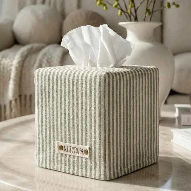 Main image of Stylish Tissue Box Cover - This Sage Striped Linen Holder Instantly Covers Your Square Tissue Boxes - The Perfect Cube Cover for Your Bathroom and Home