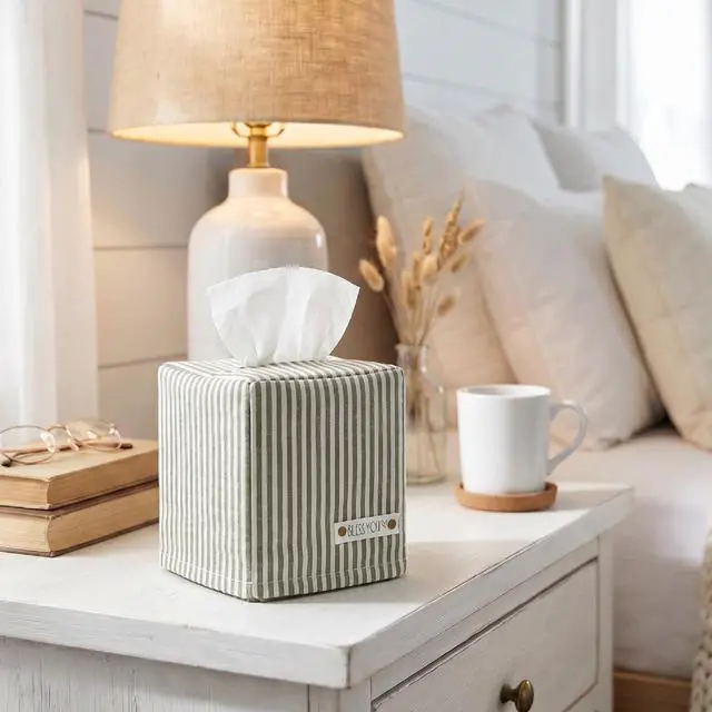 Alt view image 2 of 7 - Stylish Tissue Box Cover - This Sage Striped Linen Holder Instantly Covers Your Square Tissue Boxes - The Perfect Cube Cover for Your Bathroom and Home