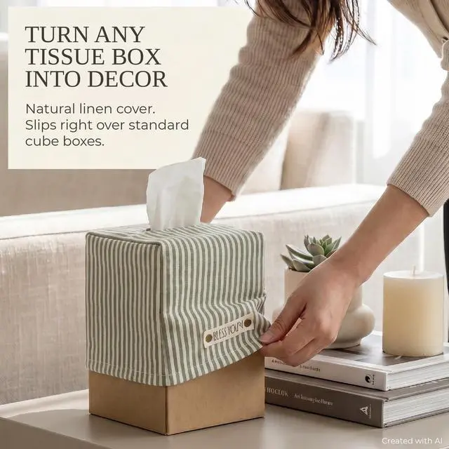 Alt view image 3 of 7 - Stylish Tissue Box Cover - This Sage Striped Linen Holder Instantly Covers Your Square Tissue Boxes - The Perfect Cube Cover for Your Bathroom and Home