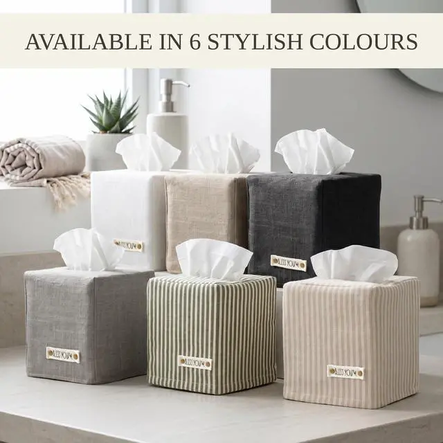 Alt view image 4 of 7 - Stylish Tissue Box Cover - This Sage Striped Linen Holder Instantly Covers Your Square Tissue Boxes - The Perfect Cube Cover for Your Bathroom and Home