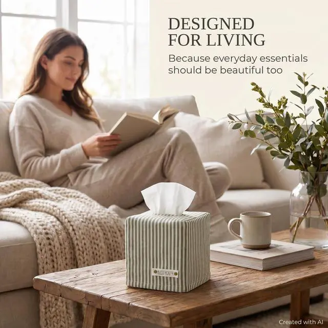 Alt view image 5 of 7 - Stylish Tissue Box Cover - This Sage Striped Linen Holder Instantly Covers Your Square Tissue Boxes - The Perfect Cube Cover for Your Bathroom and Home
