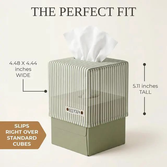 Alt view image 7 of 7 - Stylish Tissue Box Cover - This Sage Striped Linen Holder Instantly Covers Your Square Tissue Boxes - The Perfect Cube Cover for Your Bathroom and Home