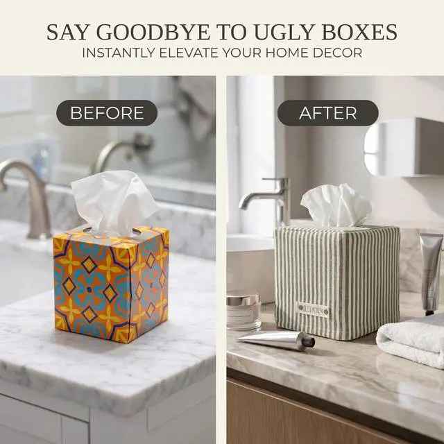 Alt view image 6 of 7 - Stylish Tissue Box Cover - This Sage Striped Linen Holder Instantly Covers Your Square Tissue Boxes - The Perfect Cube Cover for Your Bathroom and Home