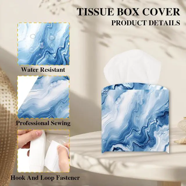 Alt view image 3 of 5 - Blue Marble Tissue Box Cover, Modern Tissue Holder Square with Bottom Belt for Home Bathroom Office Vanity Countertop, Housewarming Gifts Ideas for Women Friends Mom Bestie -17