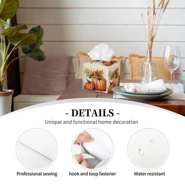 Alt view image 3 of 7 - Pumpkins Fall Tissue Box Cover Autumn Leaves Square Leather Tissue Case Holder Facial Paper Organizer Decorative for Tabletop Night Stands Desk Bathroom Kitchen Car Office Home Decor