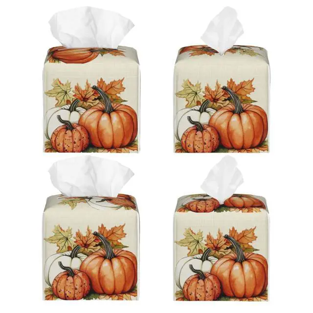 Alt view image 2 of 7 - Pumpkins Fall Tissue Box Cover Autumn Leaves Square Leather Tissue Case Holder Facial Paper Organizer Decorative for Tabletop Night Stands Desk Bathroom Kitchen Car Office Home Decor