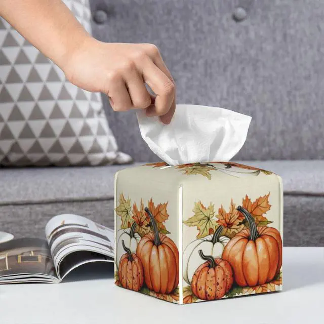 Alt view image 6 of 7 - Pumpkins Fall Tissue Box Cover Autumn Leaves Square Leather Tissue Case Holder Facial Paper Organizer Decorative for Tabletop Night Stands Desk Bathroom Kitchen Car Office Home Decor