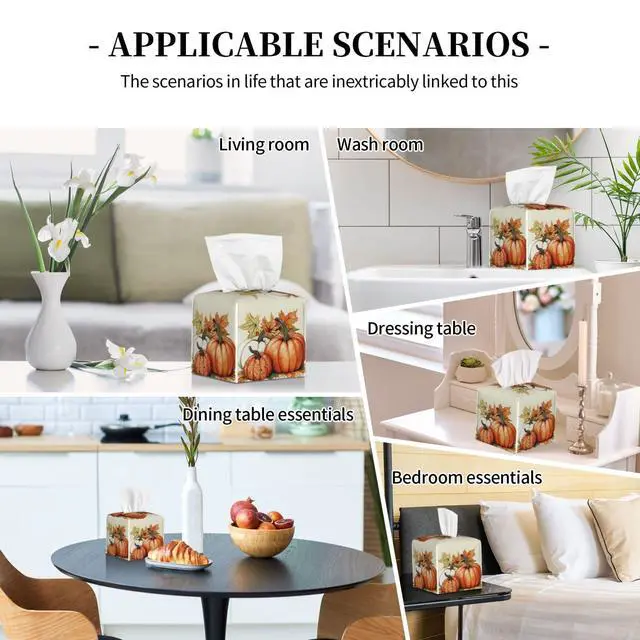 Alt view image 7 of 7 - Pumpkins Fall Tissue Box Cover Autumn Leaves Square Leather Tissue Case Holder Facial Paper Organizer Decorative for Tabletop Night Stands Desk Bathroom Kitchen Car Office Home Decor