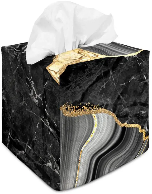 Main image of Tissue Box Cover Square Decorative Tissue Box Holder Cute Funny Cube Tissue Case Cover-Black Marble Tissue Box Cover