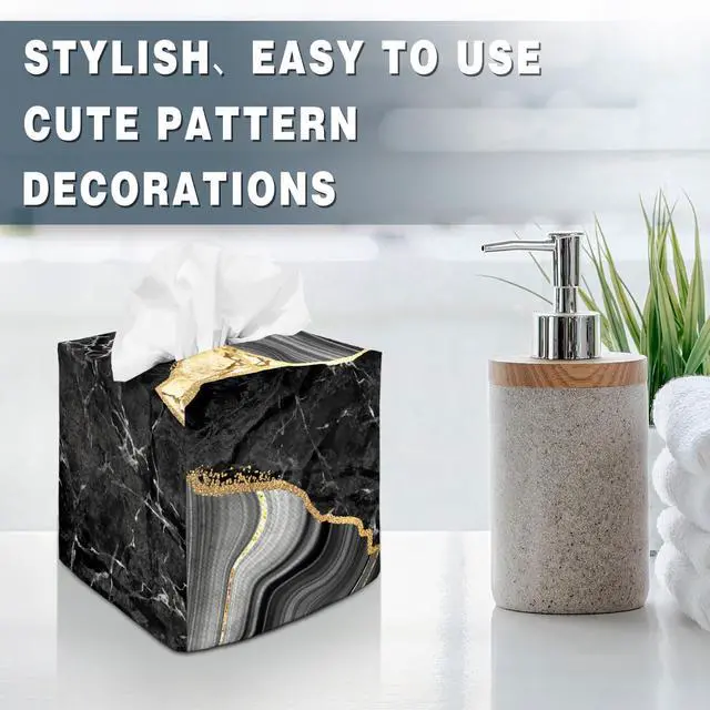 Alt view image 2 of 6 - Tissue Box Cover Square Decorative Tissue Box Holder Cute Funny Cube Tissue Case Cover-Black Marble Tissue Box Cover