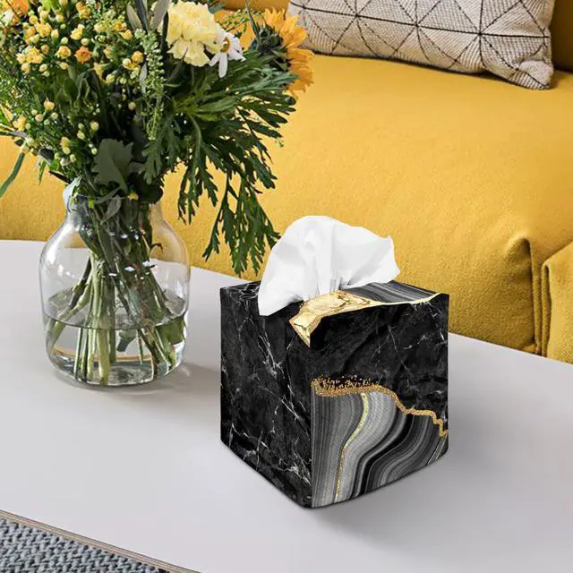 Alt view image 4 of 6 - Tissue Box Cover Square Decorative Tissue Box Holder Cute Funny Cube Tissue Case Cover-Black Marble Tissue Box Cover