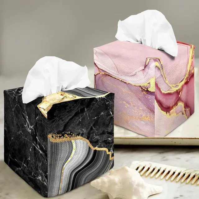 Alt view image 6 of 6 - Tissue Box Cover Square Decorative Tissue Box Holder Cute Funny Cube Tissue Case Cover-Black Marble Tissue Box Cover