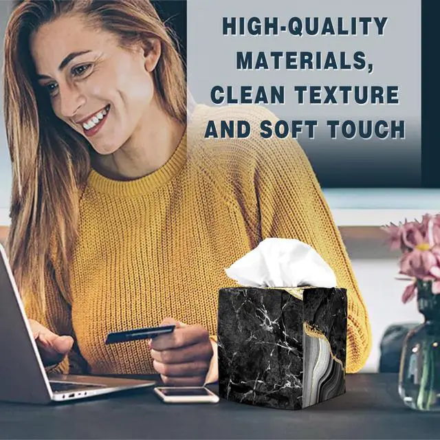 Alt view image 5 of 6 - Tissue Box Cover Square Decorative Tissue Box Holder Cute Funny Cube Tissue Case Cover-Black Marble Tissue Box Cover