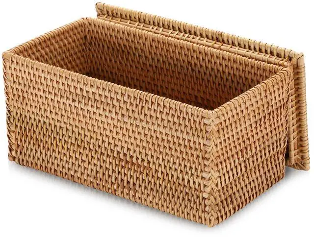 Main image of Rattan Basket Box with Lid Handwoven Wicker Storage Basket Bins Lidded Decorative Baskets Rectangular Household Baskets for Shelf Organizing Home Decor, 11.8"Lx6.2"Wx6.1"H