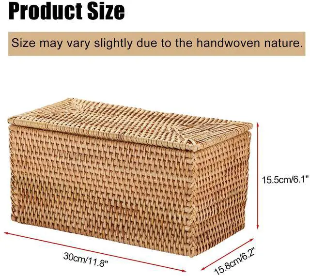 Alt view image 2 of 7 - Rattan Basket Box with Lid Handwoven Wicker Storage Basket Bins Lidded Decorative Baskets Rectangular Household Baskets for Shelf Organizing Home Decor, 11.8"Lx6.2"Wx6.1"H