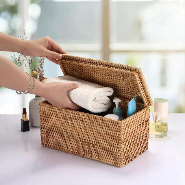 Alt view image 4 of 7 - Rattan Basket Box with Lid Handwoven Wicker Storage Basket Bins Lidded Decorative Baskets Rectangular Household Baskets for Shelf Organizing Home Decor, 11.8"Lx6.2"Wx6.1"H