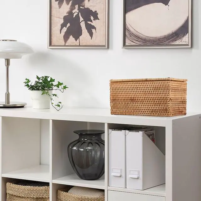 Alt view image 5 of 7 - Rattan Basket Box with Lid Handwoven Wicker Storage Basket Bins Lidded Decorative Baskets Rectangular Household Baskets for Shelf Organizing Home Decor, 11.8"Lx6.2"Wx6.1"H