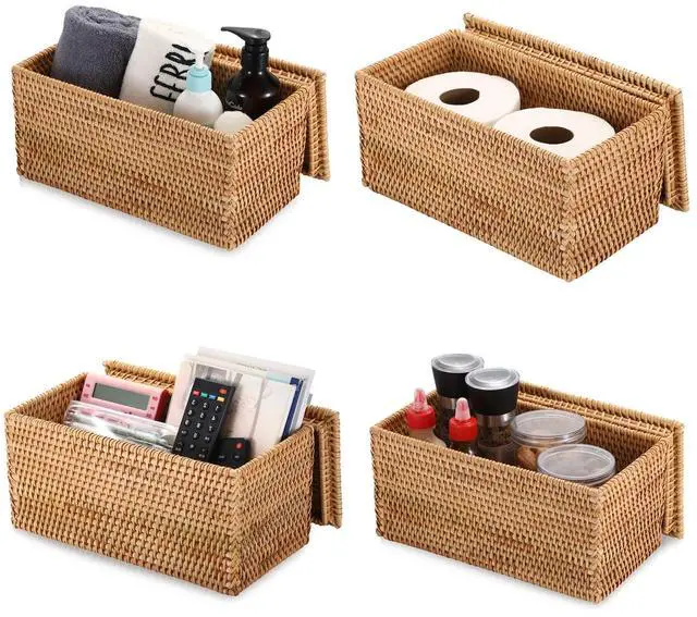Alt view image 6 of 7 - Rattan Basket Box with Lid Handwoven Wicker Storage Basket Bins Lidded Decorative Baskets Rectangular Household Baskets for Shelf Organizing Home Decor, 11.8"Lx6.2"Wx6.1"H