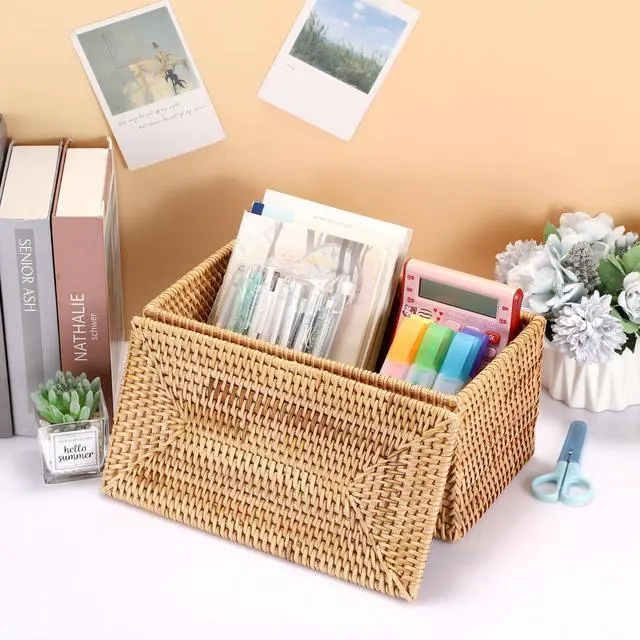 Alt view image 7 of 7 - Rattan Basket Box with Lid Handwoven Wicker Storage Basket Bins Lidded Decorative Baskets Rectangular Household Baskets for Shelf Organizing Home Decor, 11.8"Lx6.2"Wx6.1"H